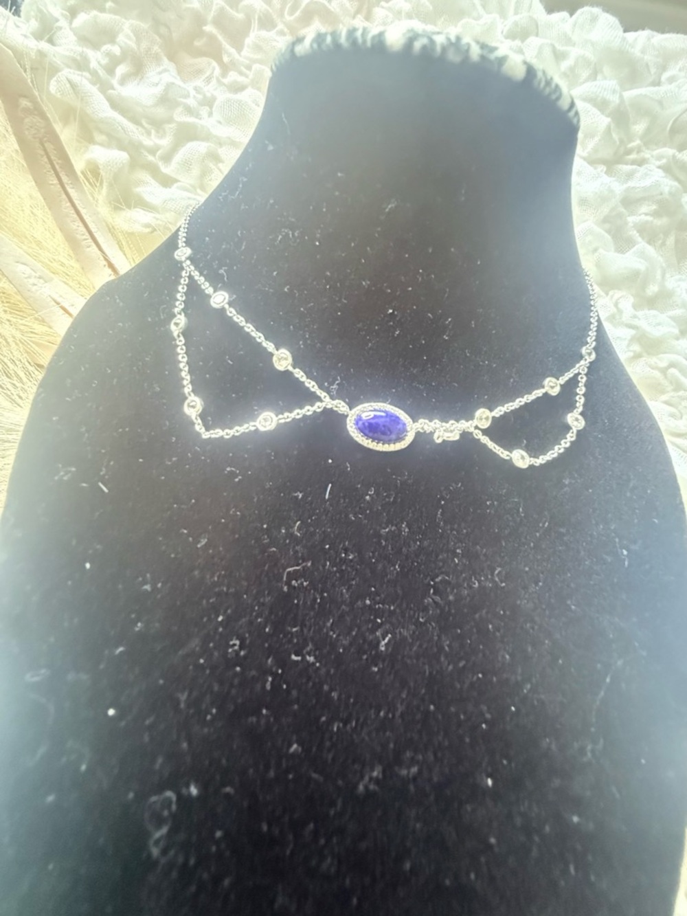 Silver Layered Necklace with Blue Oval Stone - Women Jewelry